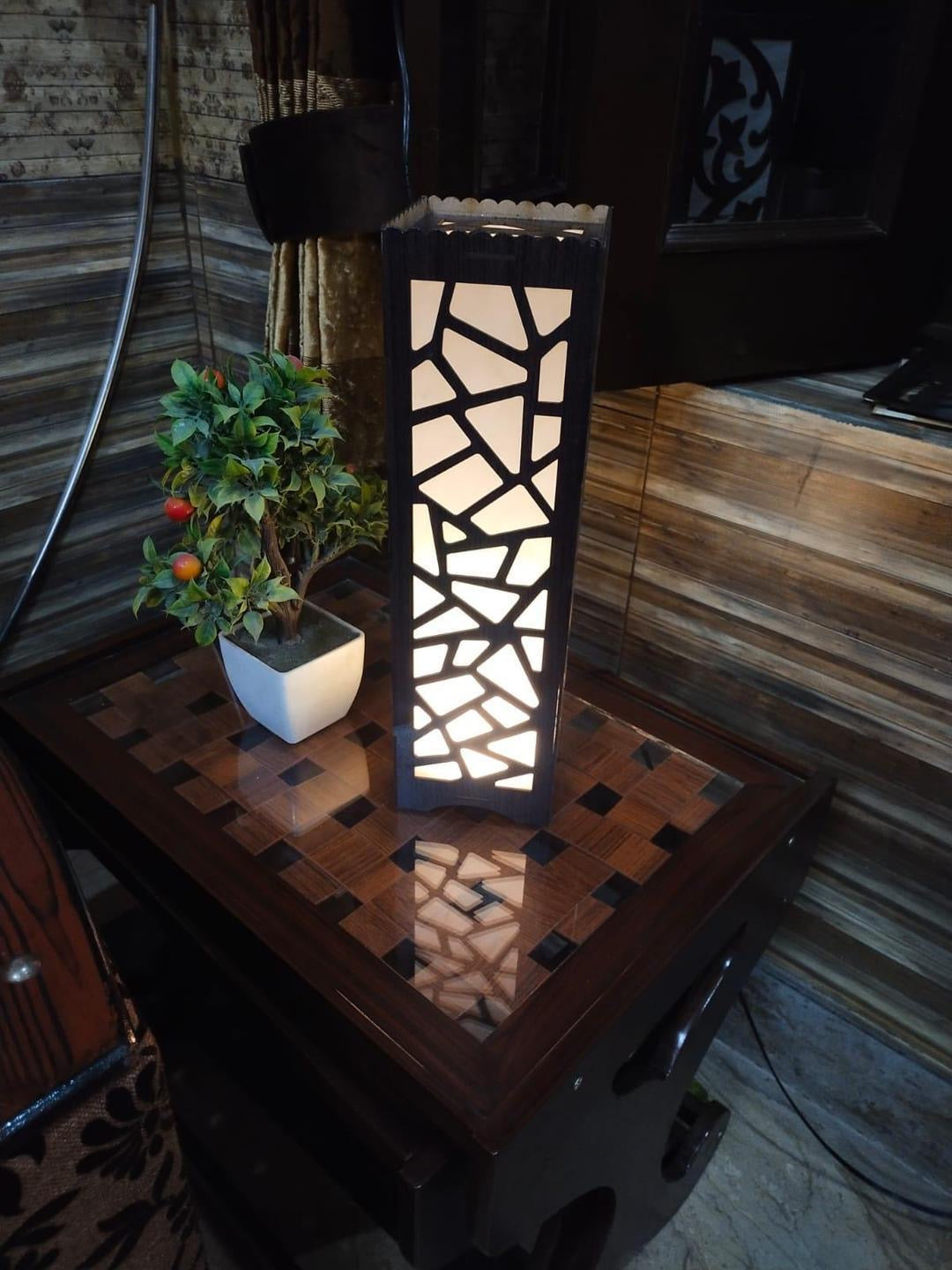 Wooden Side Table Lamp With Laser Cutting