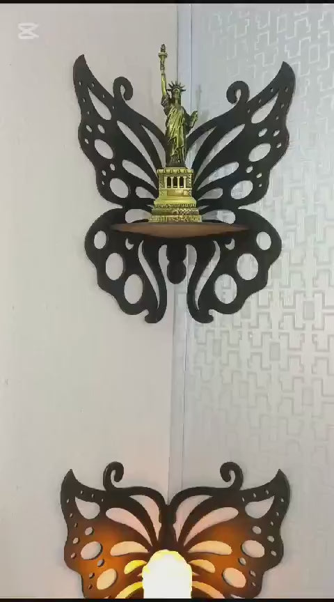 Butterfly design wooden corner wall shelves